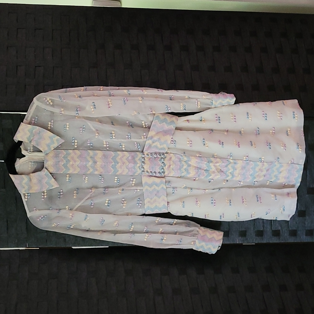 Vintage coture 60's mod dress embroidered  details button sleeves sheer top